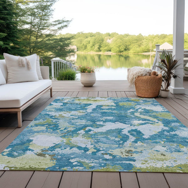 HomeRoots 5' Denim Blue & Olive Green Abstract Area Rug – Durable, Washable, Indoor/Outdoor Design for Any Space 5' X 8' 609595