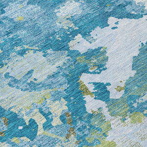 HomeRoots 5' Denim Blue & Olive Green Abstract Area Rug – Durable, Washable, Indoor/Outdoor Design for Any Space 5' X 8' 609595