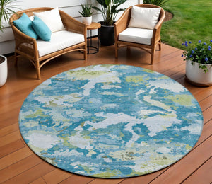 HomeRoots 5' Denim Blue & Olive Green Abstract Area Rug – Durable, Washable, Indoor/Outdoor Design for Any Space 8' Round 609596
