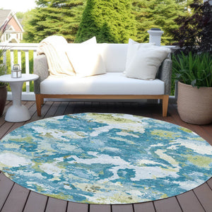 HomeRoots 5' Denim Blue & Olive Green Abstract Area Rug – Durable, Washable, Indoor/Outdoor Design for Any Space 8' Round 609596