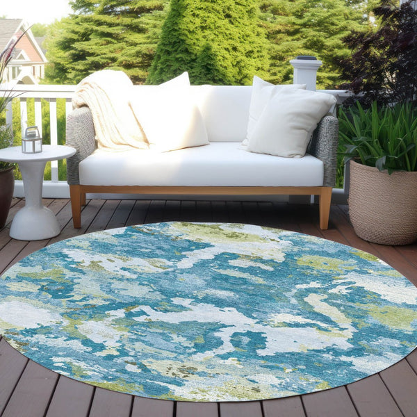 HomeRoots 5' Denim Blue & Olive Green Abstract Area Rug – Durable, Washable, Indoor/Outdoor Design for Any Space 8' Round 609596