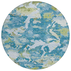 HomeRoots 5' Denim Blue & Olive Green Abstract Area Rug – Durable, Washable, Indoor/Outdoor Design for Any Space 8' Round 609596