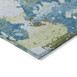 HomeRoots 5' Denim Blue & Olive Green Abstract Area Rug – Durable, Washable, Indoor/Outdoor Design for Any Space 8' Round 609596