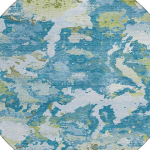 HomeRoots 5' Denim Blue & Olive Green Abstract Area Rug – Durable, Washable, Indoor/Outdoor Design for Any Space 8' Round 609596