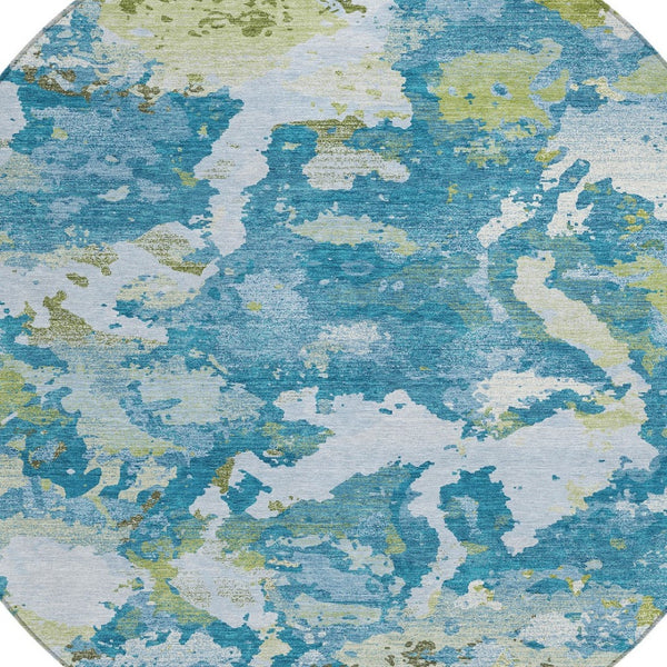 HomeRoots 5' Denim Blue & Olive Green Abstract Area Rug – Durable, Washable, Indoor/Outdoor Design for Any Space 8' Round 609596