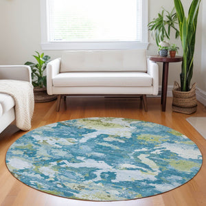 HomeRoots 5' Denim Blue & Olive Green Abstract Area Rug – Durable, Washable, Indoor/Outdoor Design for Any Space 8' Round 609596