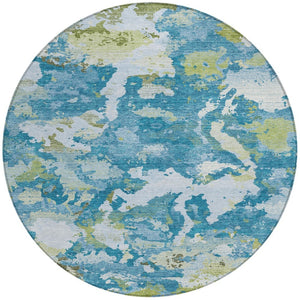 HomeRoots 5' Denim Blue & Olive Green Abstract Area Rug – Durable, Washable, Indoor/Outdoor Design for Any Space 8' Round 609596