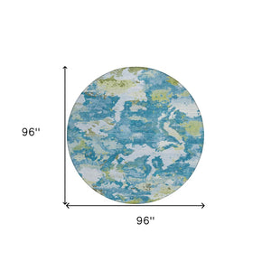 HomeRoots 5' Denim Blue & Olive Green Abstract Area Rug – Durable, Washable, Indoor/Outdoor Design for Any Space 8' Round 609596