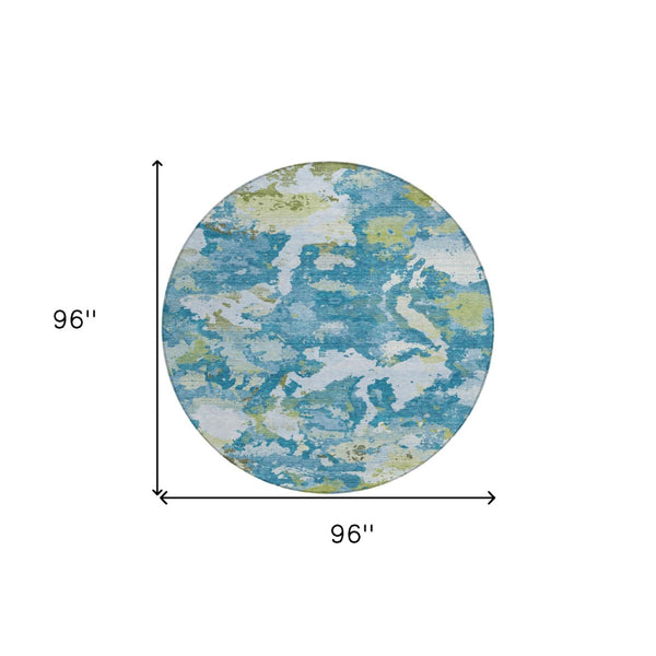 HomeRoots 5' Denim Blue & Olive Green Abstract Area Rug – Durable, Washable, Indoor/Outdoor Design for Any Space 8' Round 609596