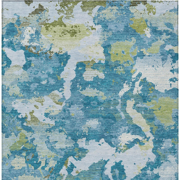 HomeRoots 5' Denim Blue & Olive Green Abstract Area Rug – Durable, Washable, Indoor/Outdoor Design for Any Space 8' X 10' 609597