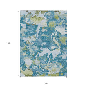 HomeRoots 5' Denim Blue & Olive Green Abstract Area Rug – Durable, Washable, Indoor/Outdoor Design for Any Space 8' X 10' 609597