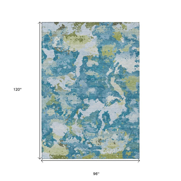HomeRoots 5' Denim Blue & Olive Green Abstract Area Rug – Durable, Washable, Indoor/Outdoor Design for Any Space 8' X 10' 609597