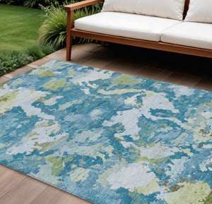 HomeRoots 5' Denim Blue & Olive Green Abstract Area Rug – Durable, Washable, Indoor/Outdoor Design for Any Space 8' X 10' 609597