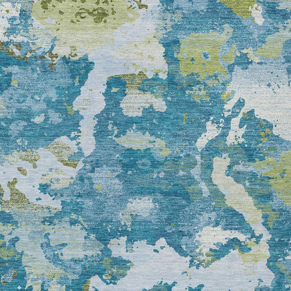 HomeRoots 5' Denim Blue & Olive Green Abstract Area Rug – Durable, Washable, Indoor/Outdoor Design for Any Space 8' X 10' 609597