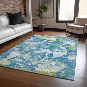 HomeRoots 5' Denim Blue & Olive Green Abstract Area Rug – Durable, Washable, Indoor/Outdoor Design for Any Space 8' X 10' 609597