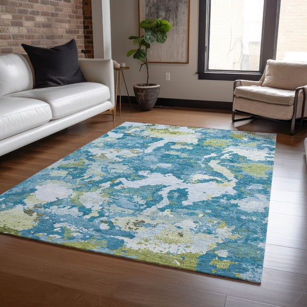 HomeRoots 5' Denim Blue & Olive Green Abstract Area Rug – Durable, Washable, Indoor/Outdoor Design for Any Space 8' X 10' 609597