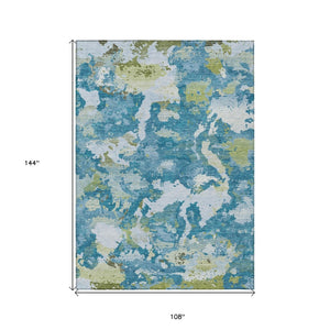 HomeRoots 5' Denim Blue & Olive Green Abstract Area Rug – Durable, Washable, Indoor/Outdoor Design for Any Space 9' X 12' 609598