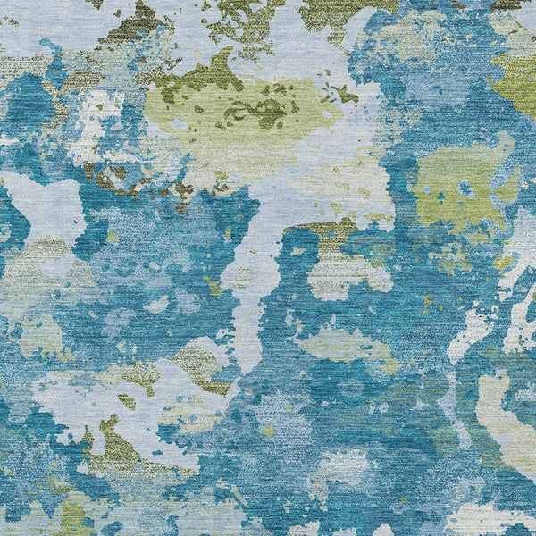 HomeRoots 5' Denim Blue & Olive Green Abstract Area Rug – Durable, Washable, Indoor/Outdoor Design for Any Space 9' X 12' 609598