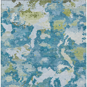 HomeRoots 5' Denim Blue & Olive Green Abstract Area Rug – Durable, Washable, Indoor/Outdoor Design for Any Space 10' X 14' 609599