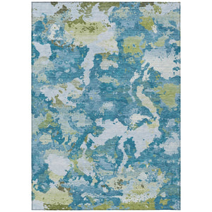 HomeRoots 5' Denim Blue & Olive Green Abstract Area Rug – Durable, Washable, Indoor/Outdoor Design for Any Space 10' X 14' 609599