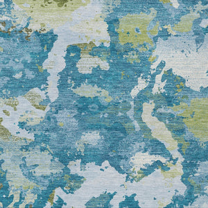 HomeRoots 5' Denim Blue & Olive Green Abstract Area Rug – Durable, Washable, Indoor/Outdoor Design for Any Space 10' X 14' 609599