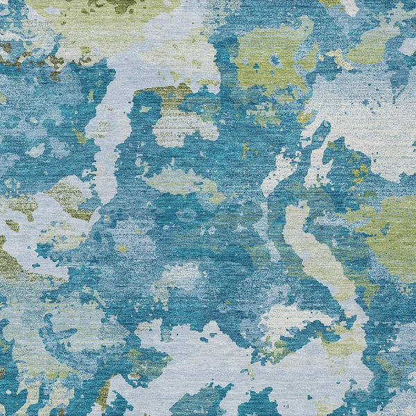 HomeRoots 5' Denim Blue & Olive Green Abstract Area Rug – Durable, Washable, Indoor/Outdoor Design for Any Space 10' X 14' 609599