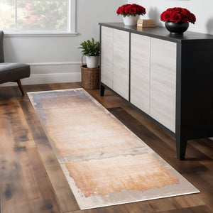 HomeRoots 30' Runner Rug - Modern Beige, Blue & Brown Abstract Design, Stain Resistant for High-Traffic Areas 609602