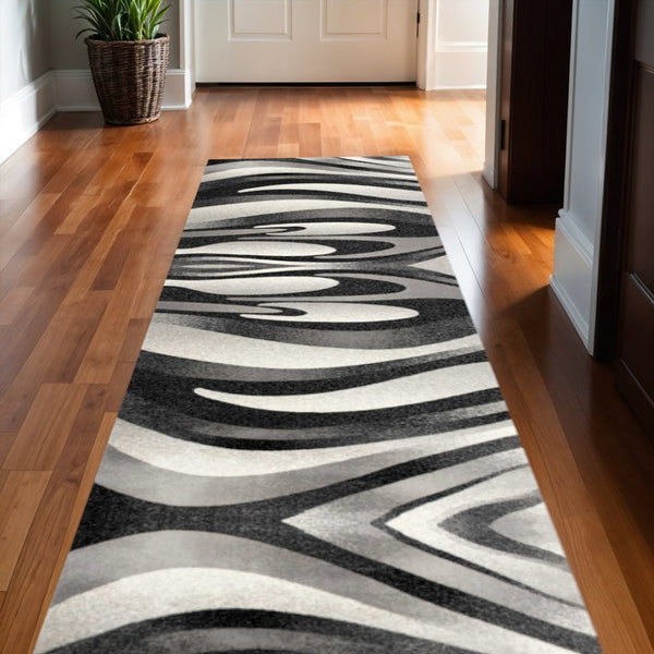 HomeRoots 19' Runner Black and Gray Abstract Rug - Durable, Stain-Resistant Design for Hallways & Entryways 609612