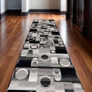 HomeRoots 2' Black and Gray Geometric Area Rug - Durable, Stylish Runner for Hallways and High-Traffic Spaces 609624