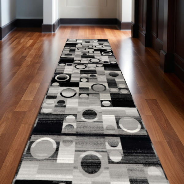 HomeRoots 2' Black and Gray Geometric Area Rug - Durable, Stylish Runner for Hallways and High-Traffic Spaces 609624