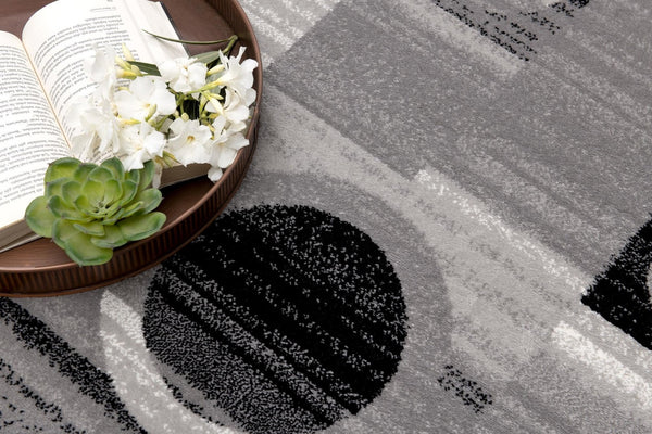 HomeRoots 2' Modern Black & Gray Geometric Runner Rug - Durable, Stylish, Stain-Resistant for High-Traffic Spaces 609625