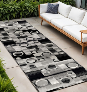 HomeRoots 2' Modern Black & Gray Geometric Runner Rug - Durable, Stylish, Stain-Resistant for High-Traffic Spaces 609625