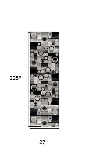 HomeRoots 19' Modern Black and Gray Geometric Runner Rug - Durable, Stain-Resistant, Ideal for High-Traffic Areas 609626