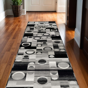 HomeRoots 17' Runner - Modern Black and Gray Geometric Rug for High-Traffic Areas, Stain-Resistant & Stylish 609627