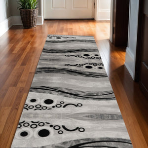 HomeRoots 2' x 25' Gray and Black Geometric Runner Rug - Modern, Durable, Stain-Resistant Design for Hallways 609631