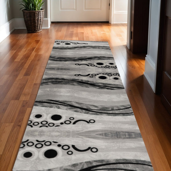 HomeRoots 2' x 25' Gray and Black Geometric Runner Rug - Modern, Durable, Stain-Resistant Design for Hallways 609631