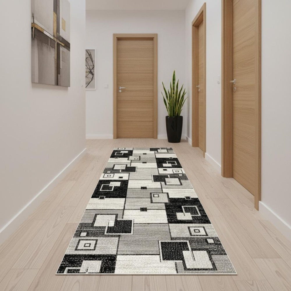 HomeRoots 2' Gray and Black Geometric Runner Rug – Durable, Stylish, and Stain-Resistant for High-Traffic Spaces 609637