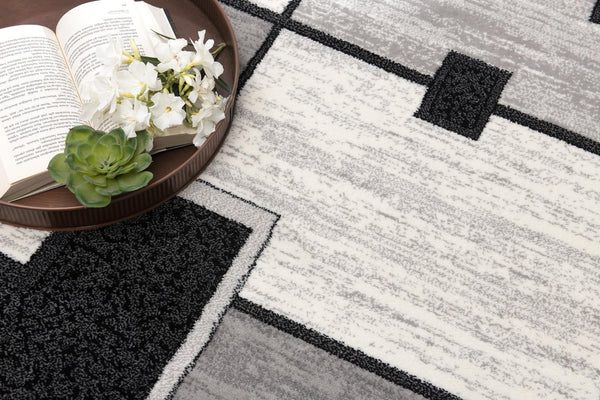 HomeRoots 19' Modern Gray and Black Geometric Runner Rug - Durable, Stylish, and Stain-Resistant for High-Traffic Areas 609638