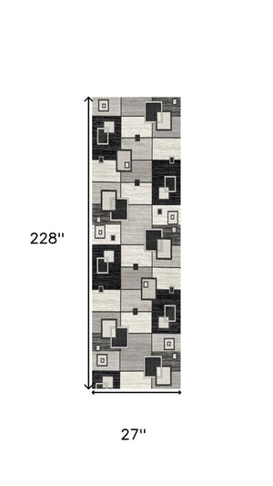 HomeRoots 19' Modern Gray and Black Geometric Runner Rug - Durable, Stylish, and Stain-Resistant for High-Traffic Areas 609638