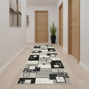HomeRoots 19' Modern Gray and Black Geometric Runner Rug - Durable, Stylish, and Stain-Resistant for High-Traffic Areas 609638