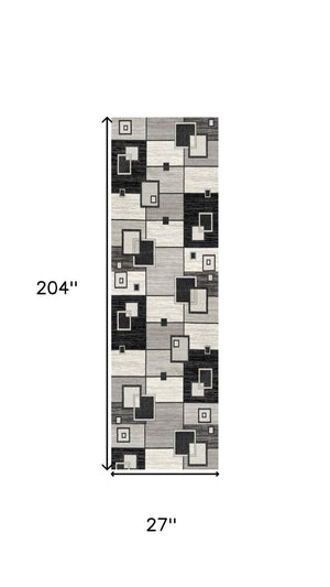 HomeRoots 17' Contemporary Gray and Black Geometric Runner Rug - Durable, Stain-Resistant, Ideal for High-Traffic Areas 609639