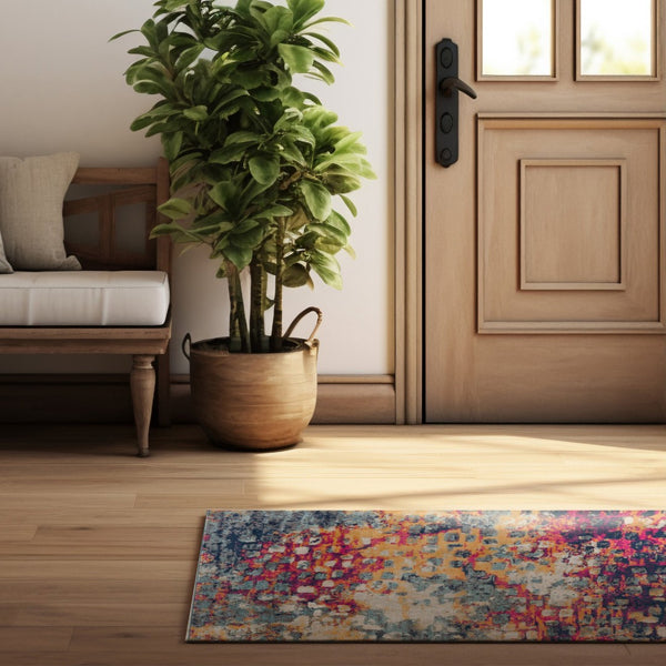 HomeRoots 2' Yellow and Blue Abstract Area Rug - Durable, Stain-Resistant Design for High-Traffic Spaces 609649