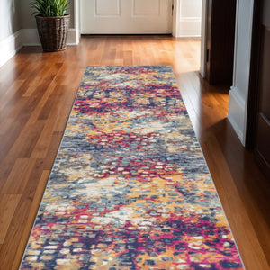 HomeRoots 2' Yellow and Blue Abstract Runner Rug - Modern Design for High-Traffic Areas, Durable and Stylish! 609650