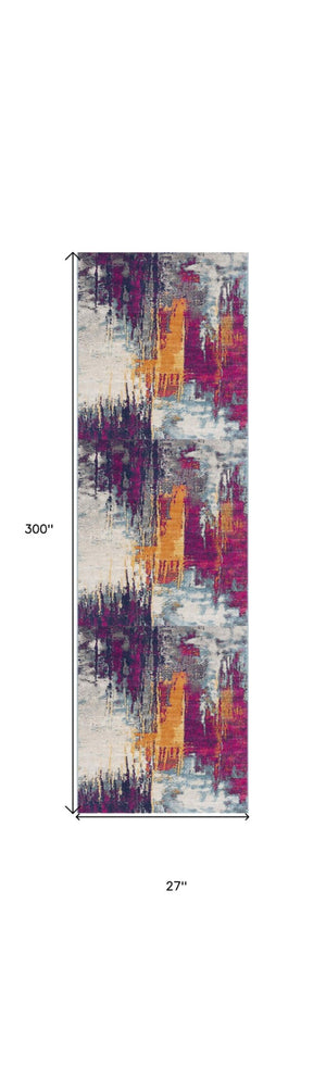 HomeRoots 30' Runner Abstract Area Rug in Bold Purple, Orange & Gray - Stain Resistant, Durable, Easy Care Design 25' Runner 609656