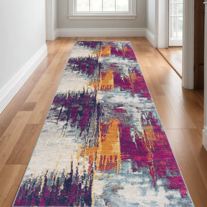 HomeRoots 30' Runner Abstract Area Rug in Bold Purple, Orange & Gray - Stain Resistant, Durable, Easy Care Design 25' Runner 609656