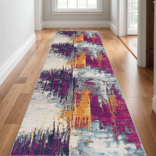 HomeRoots 30' Runner Abstract Area Rug in Bold Purple, Orange & Gray - Stain Resistant, Durable, Easy Care Design 25' Runner 609656