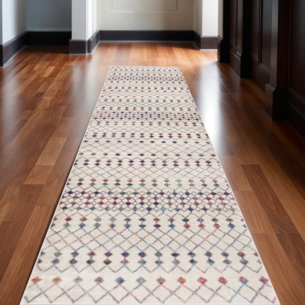 HomeRoots 2' Beige and Blue Abstract Runner Rug – Durable, Stain-Resistant, Ideal for High-Traffic Areas! 609661