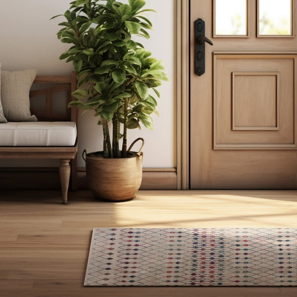 HomeRoots 2' Beige and Blue Abstract Runner Rug - Durable, Stylish Design for High-Traffic Areas and Homes 609662