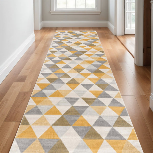 HomeRoots 30' Durable Geometric Area Rug Runner in Yellow, Beige & Gray - Perfect for Modern Hallways & Entryways 30' Runner 609667
