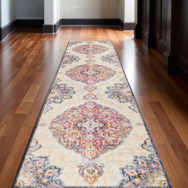 HomeRoots 2' Beige Runner Rug with Rust & Purple Medallions - Durable, Stain-Resistant Design for High-Traffic Areas 609673